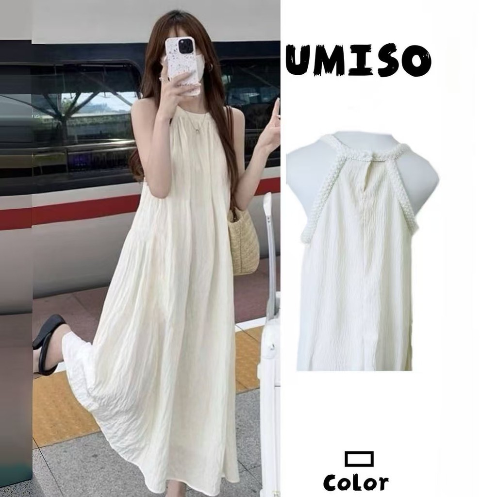 UMISO พร้อมส่ง ชุดเดรสยาว เดรสแขนกุด เนื้อผ้าใส่สบาย ชุดเที่ยวทะเล เดรสทรงหลวม  เดรสคอกลม