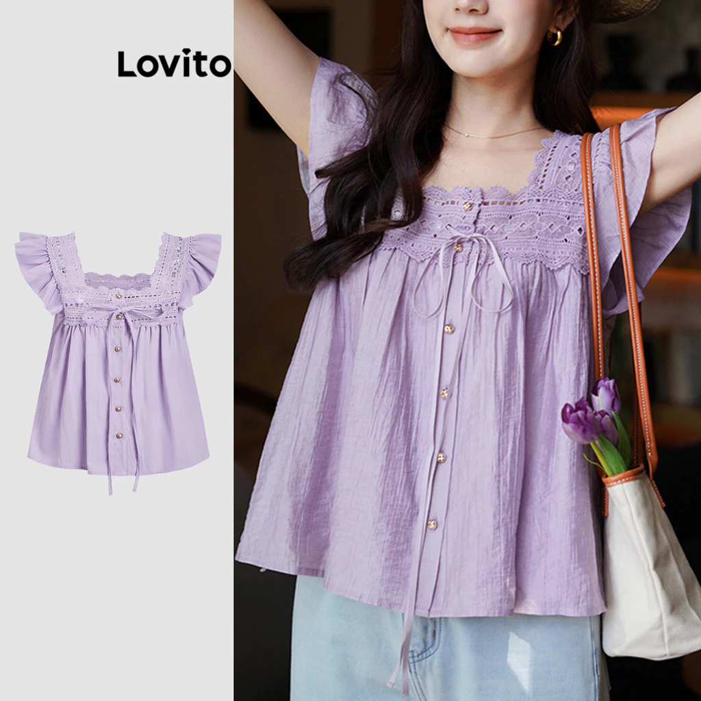 Lovito วันหยุด เสื้อเบลาส์ สีพื้น คอระบาย สไตล์ สำหรับผู้หญิง L121MD622