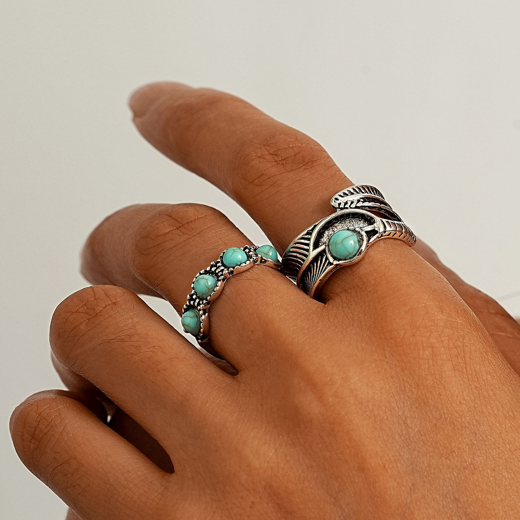 Retro Leaf Turquoise Stacking Ring Set Bohemian Style Ladies Finger Accessories