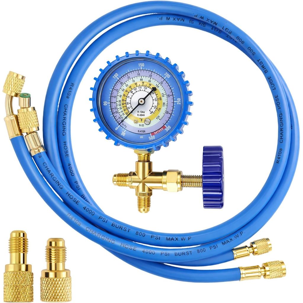 AC Recharge Kit พร้อมมาตรวัด, R410A R134A R22 Refrigerant สายชาร์จชุด, 59 "HVAC AC Gauge ชุด R410A M