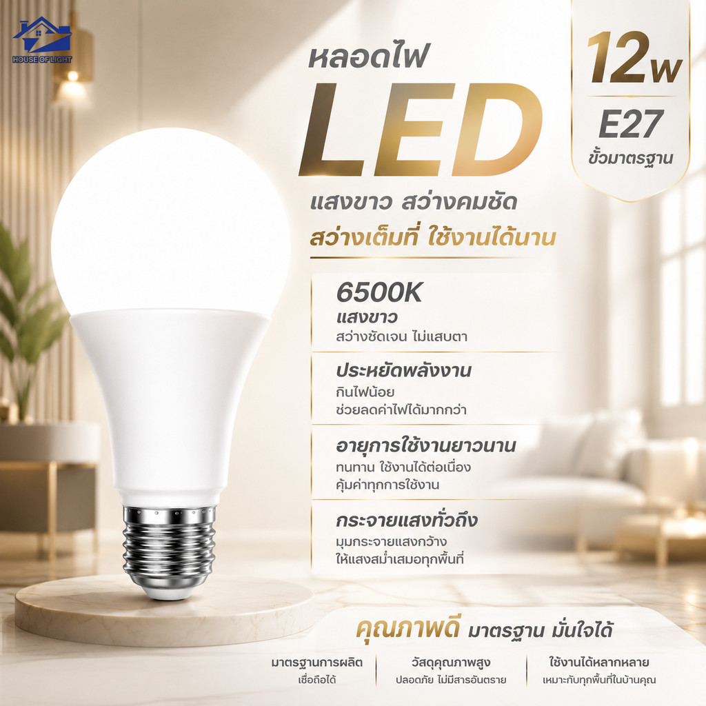 หลอดไฟ LED E27 12W แสงขาว หลอดไฟบ้าน ประหยัดไฟ ไฟสว่างชัด ติดตั้งง่าย สำหรับทุกพื้นที่