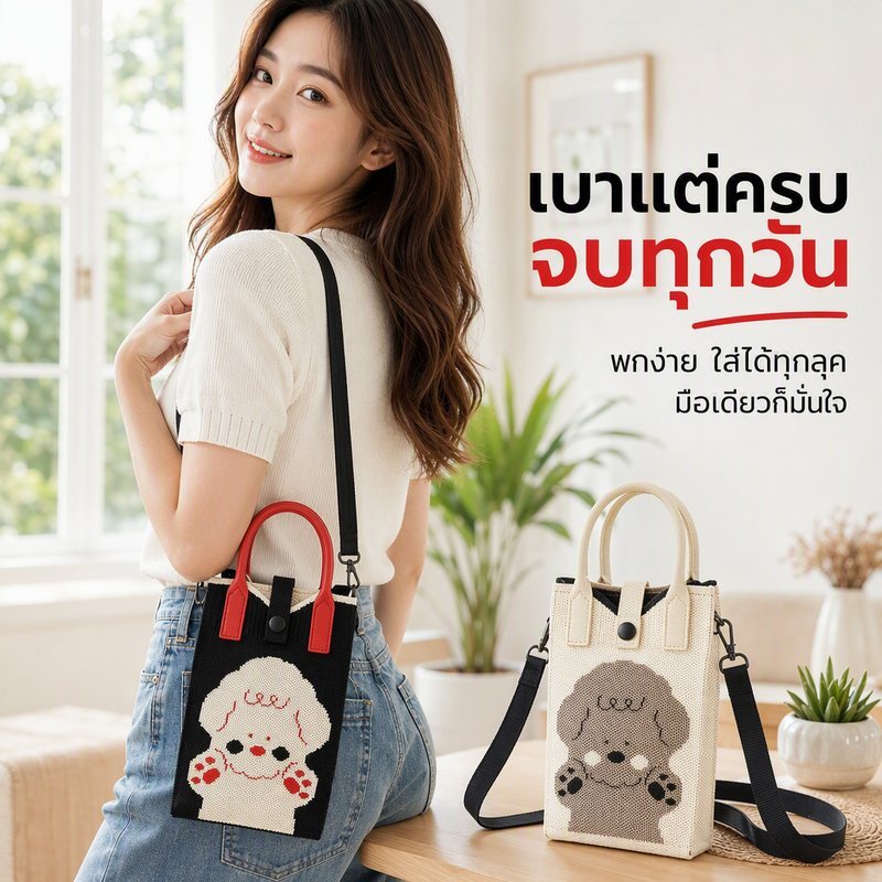 กระเป๋าโทรศัพท์ สะพายข้าง ถักลายการ์ตูนน่ารัก สไตล์เกาหลี ใส่มือถือ บัตร เงินสด เบา