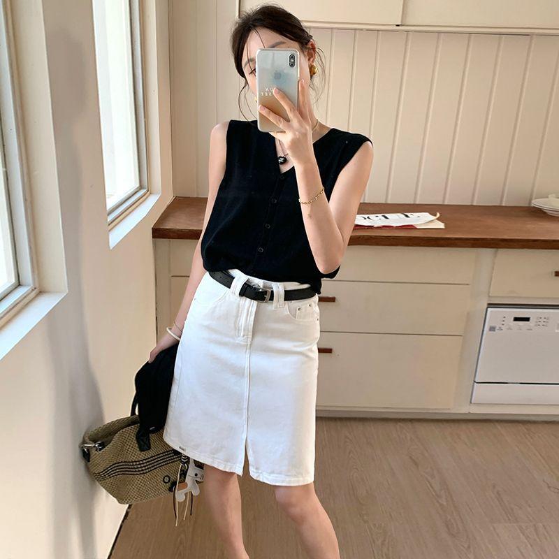 S-4XL กระโปรงยีนส์สีขาวทรงมิดี้ ผ่าหน้า เอวสูง ทรงเอไลน์ เหมาะสำหรับผู้หญิงตัวเล็ก กระโปรงรัดรูป