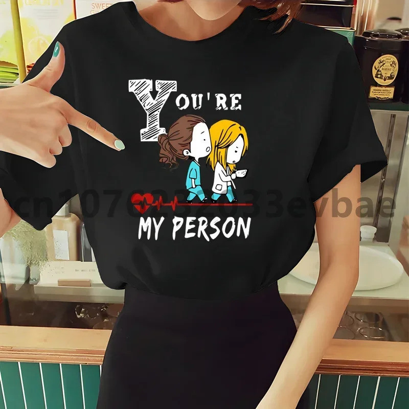 เสื้อยืดลายหัวใจ Greys Anatomy You're My Person สำหรับผู้หญิง แขนสั้น แฟชั่น เสื้อยืดลำลอง สีดำ เสื้