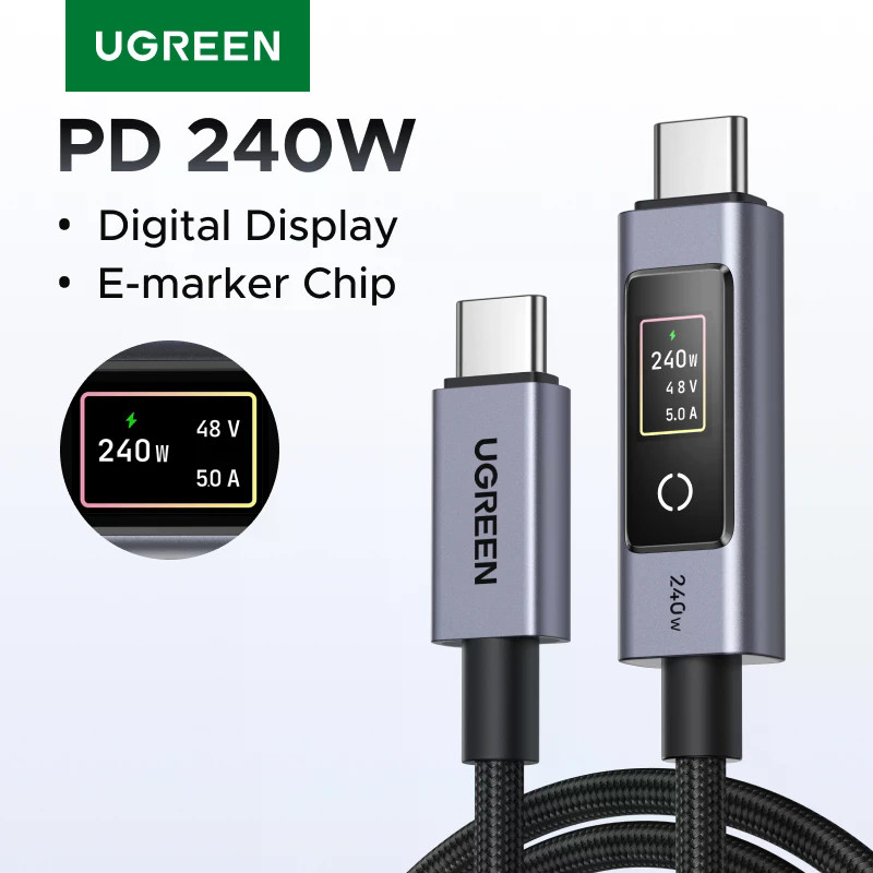 UGREEN 240W PD3.1 สายชาร์จเร็ว USB-C, การควบคุมปุ่มจอแสดงผลดิจิตอลอัจฉริยะ, สายเคเบิล Type-C ถักไนลอน, การถ่ายโอนข้อมูล 480Mbps, เข้ากันได้กับแล็ปท็อป, แท็บเล็ต, สมาร์ทโฟน