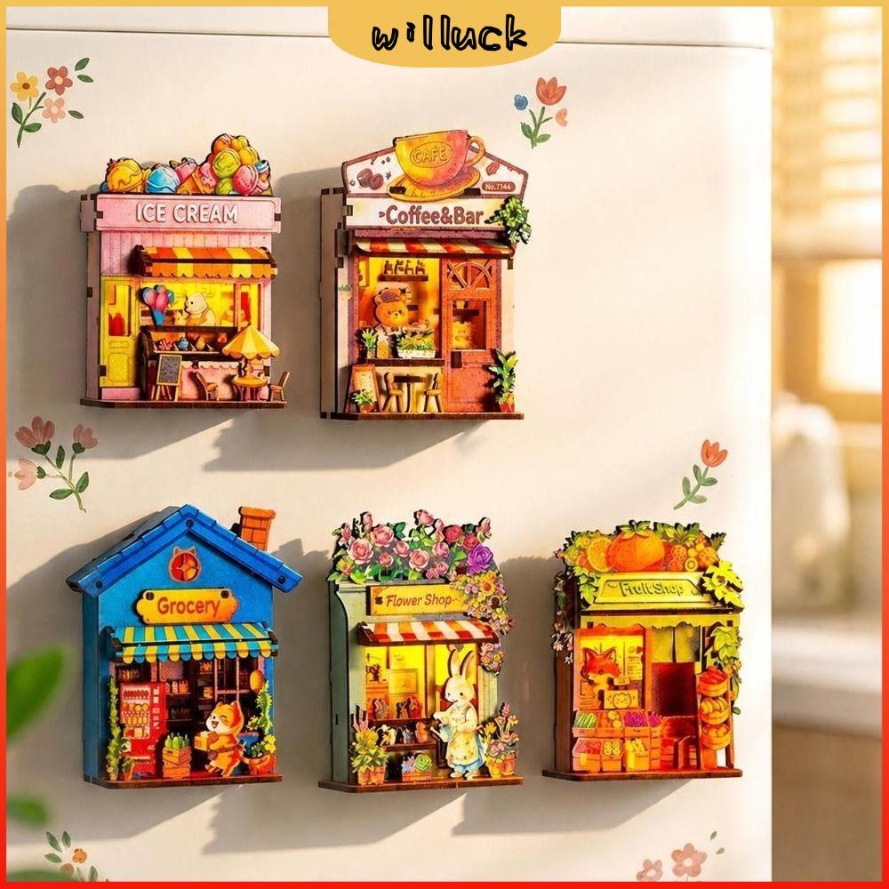 WILLUPH DIY ไม้ Mini House, สัตว์ Shop DIY Handcraft ตู้เย็นแม่เหล็ก DIY, พร้อมไฟตกแต่งบ้าน Mini Hou