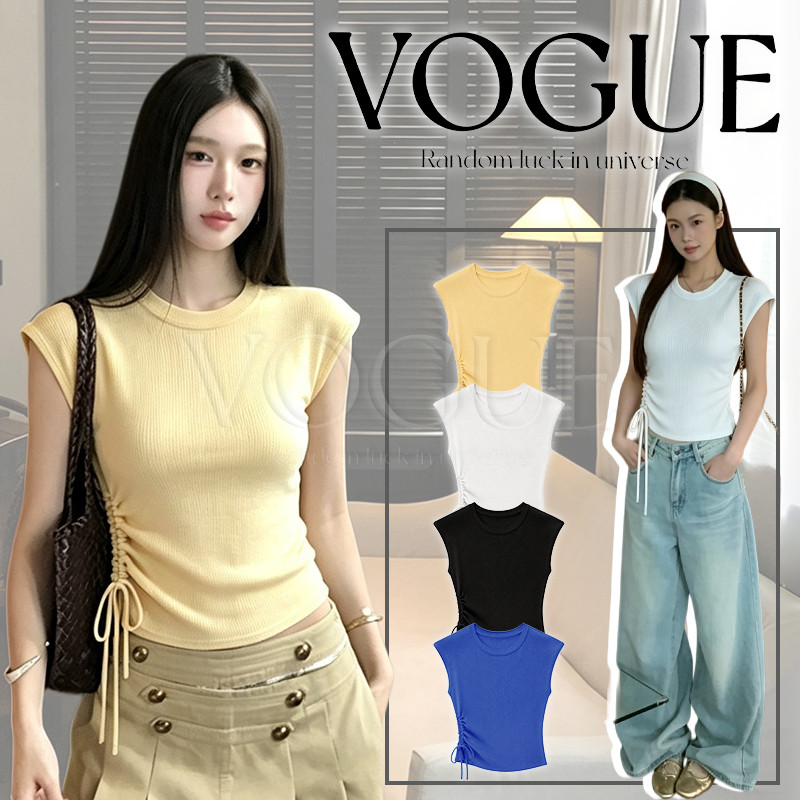 Vogue🌟พร้อมส่ง🌟 เสื้อไหมพรมแขนกุดคอกลม ดีไซน์เชือกรูดข้างเอว สีพื้นเรียบๆใส่ได้ทุกโอกาศ (Y6837)