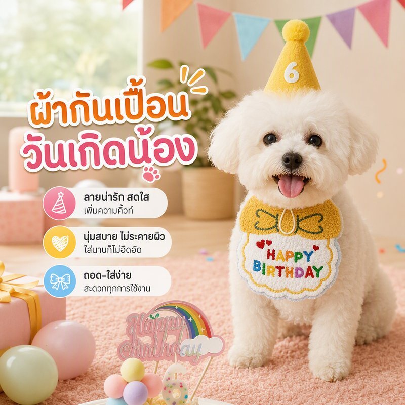 หมวกวันเกิดสัตว์เลี้ยง ผ้ากันเปื้อนวันเกิดสัตว์เลี้ยง งานปัก สีสันสดใส สีหลากหลาย วัสดุคุณภาพสูง