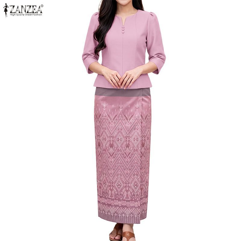 ZANZEA ซานเซีย ผู้หญิงปุ่มชาติพันธุ์แขนสั้นสีทึบ โอ คอพิมพ์ชุดชุดชุด — صورة 6