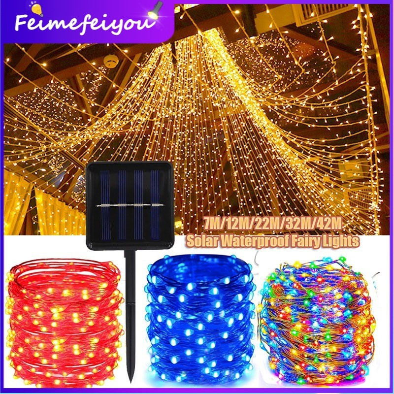 7 M/12 M/22 M พลังงานแสงอาทิตย์ LED Fairy String ไฟกันน้ํากลางแจ้งเปิด/ปิด 8 โหมด LED Strip Light สํ