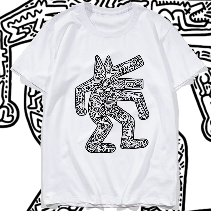 Street Pop Graffiti Keith Haring เสื้อยืดแขนสั้น Keith Haring Dog in Crocodile Mask Dyeing Print