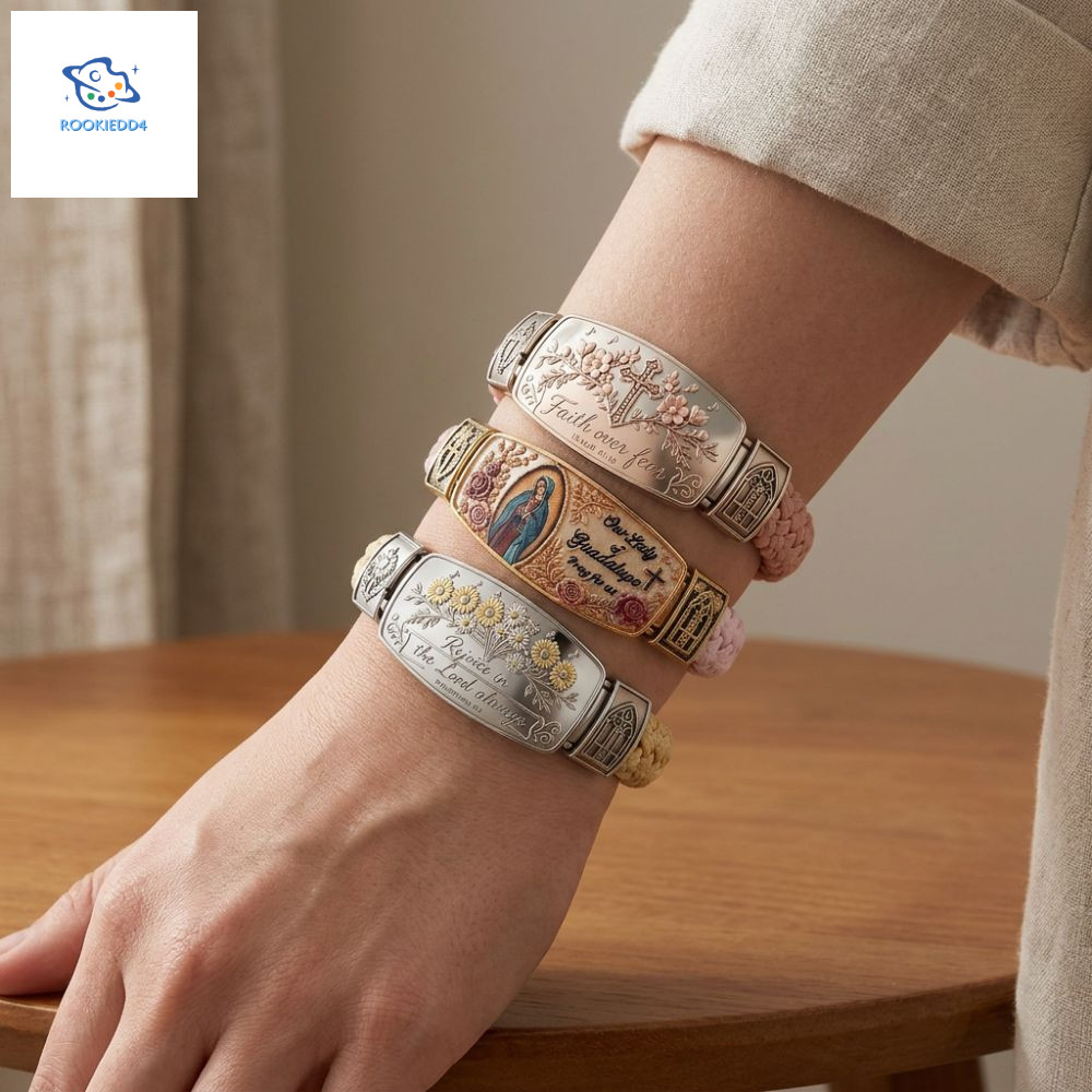ROOKIEDD4 Faith Over Fear Bracelet, Bible Verse Stainless Steel Cross Faith Bracelet, Floral Pattern