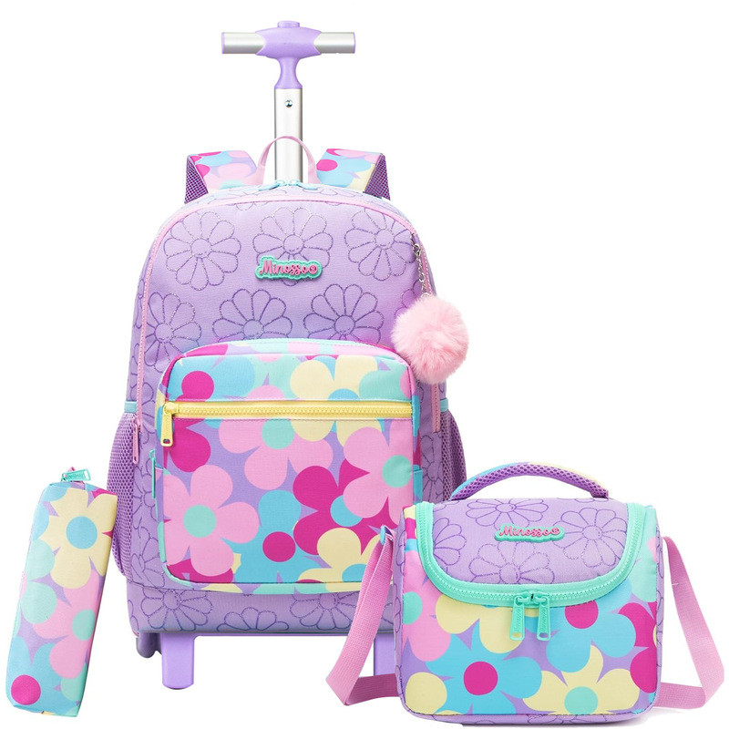 MINOSSOB Trolley School Bag 3in1 Set กระเป๋าเป้สะพายหลังรถเข็นนักเรียนประถม กล่องดินสอ กระเป๋าใส่ข้า