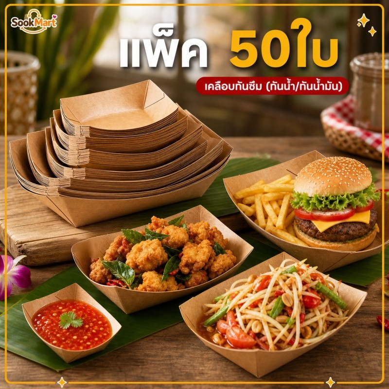SookMart ถาดอาหารกระดาษคราฟท์ กันน้ำกันมัน (แพ็ค 50 ใบ) เหมาะใส่อาหาร เฟรนฟราย ขนม สปาร์เก็ตตี้ เบเกอรี่
