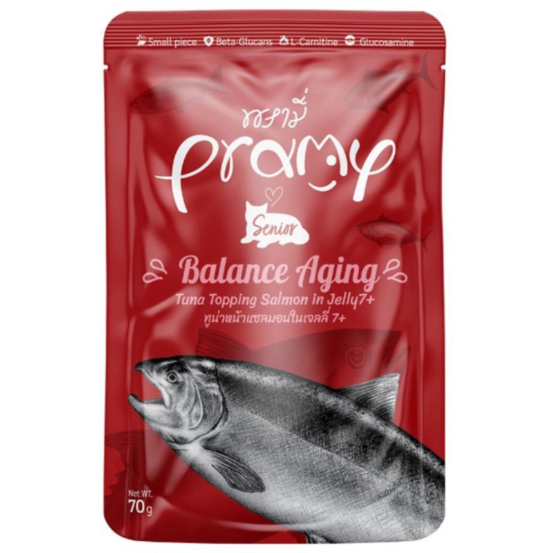 พรามี่อาหารแมวเซเว่นพลัสรสทูน่าแซลมอนในเจลลี่ 70กรัม Pramy 7Plus Tuna Salmon 70g [หมายเลขบาร์โค้ด 8859601044393 ]