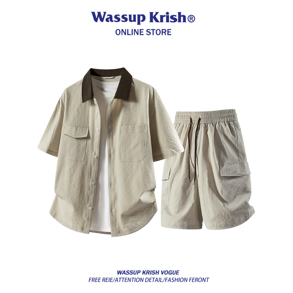 WASSUP KRISH Seersucker ชุดลําลองผู้ชายฤดูร้อน Contrast สี Overalls เสื้อแขนสั้นกางเกงขาสั้น One Set