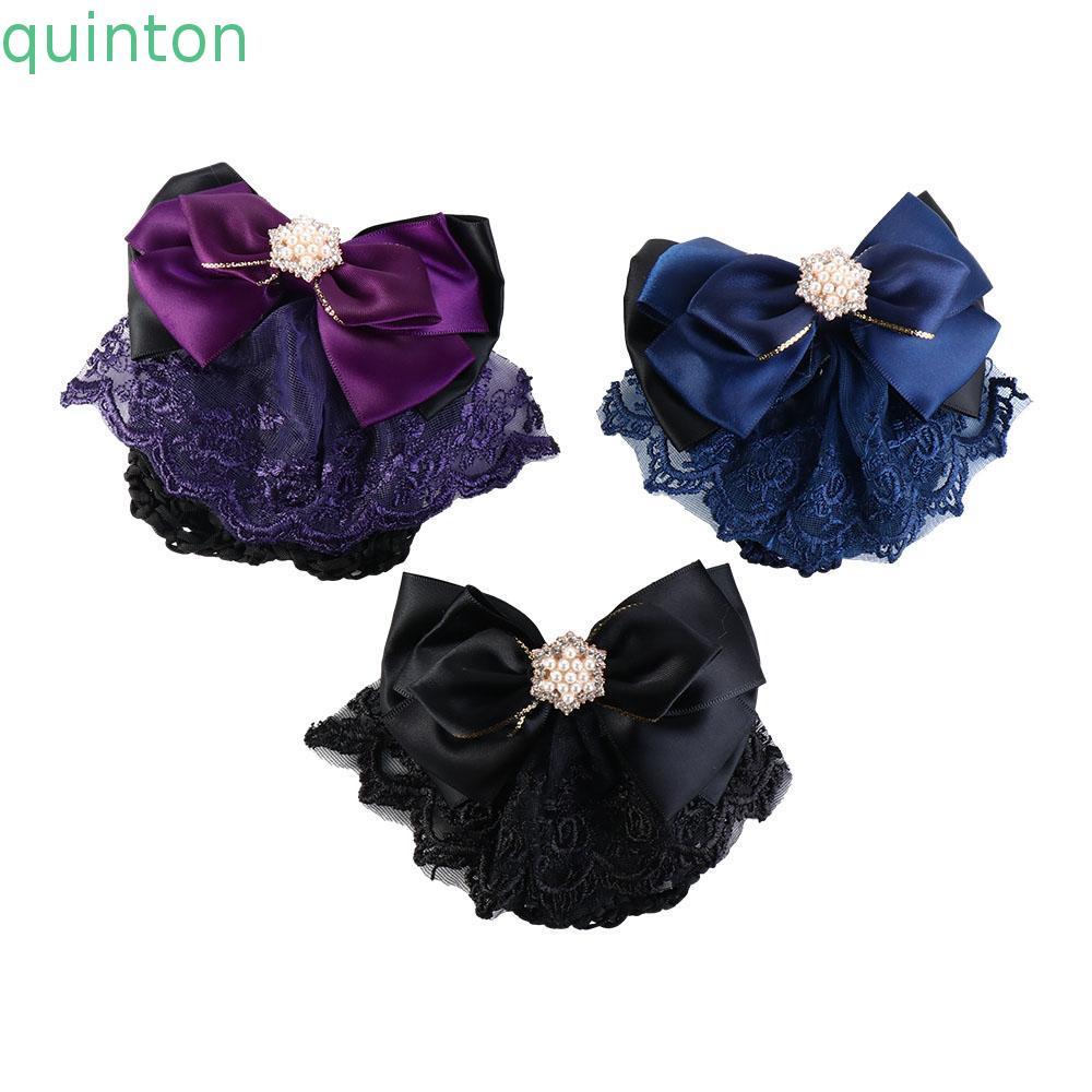 QUINTON Bowknot Spring Clip, Korean Style Ribbon Bun Snood, Sweet Hair Accessories Pearl Headwear Nu