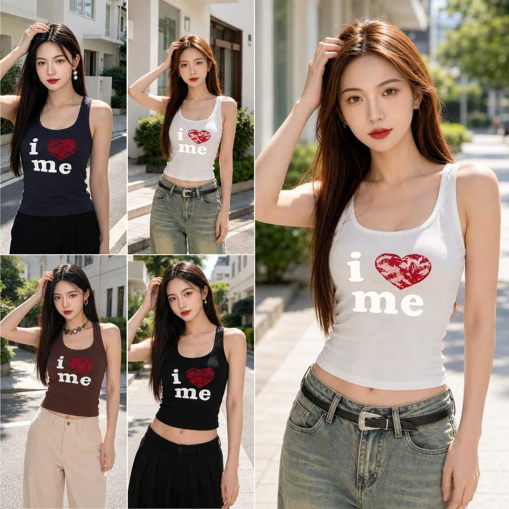 เสื้อกล้ามผู้หญิงทรงเข้ารูป เสื้อแขนกุดลายหัวใจ i love me