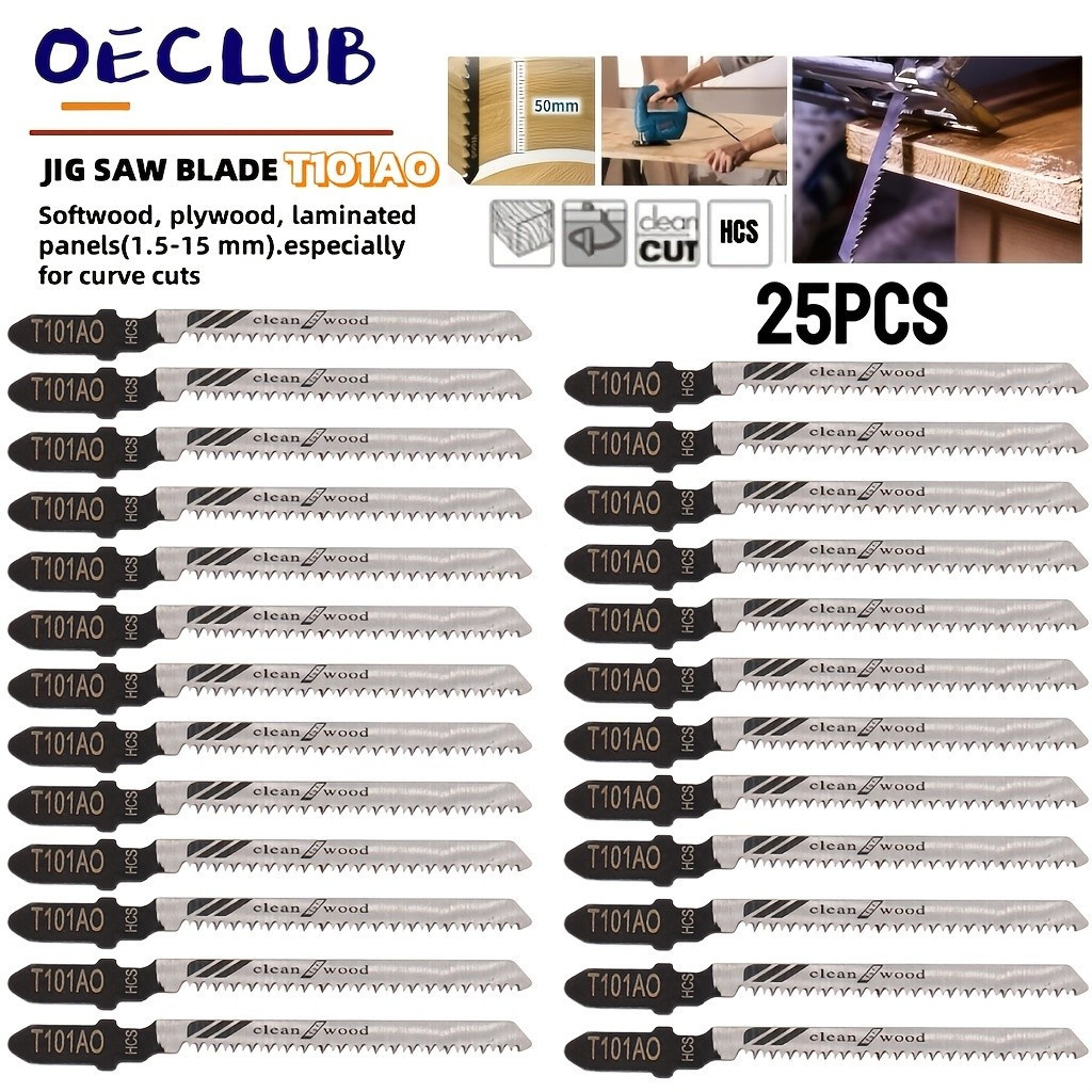 ใบเลื่อยจิ๊กซอว์ T101AO 25 ชิ้น HCS T‐Shank Jig ใบเลื่อยสําหรับทําความสะอาดโค้งตัด Softwood ไม้อัดแผงลามิเนตงานไม้ DIY Power เครื่องมือเปลี่ยนใบเลื่อย