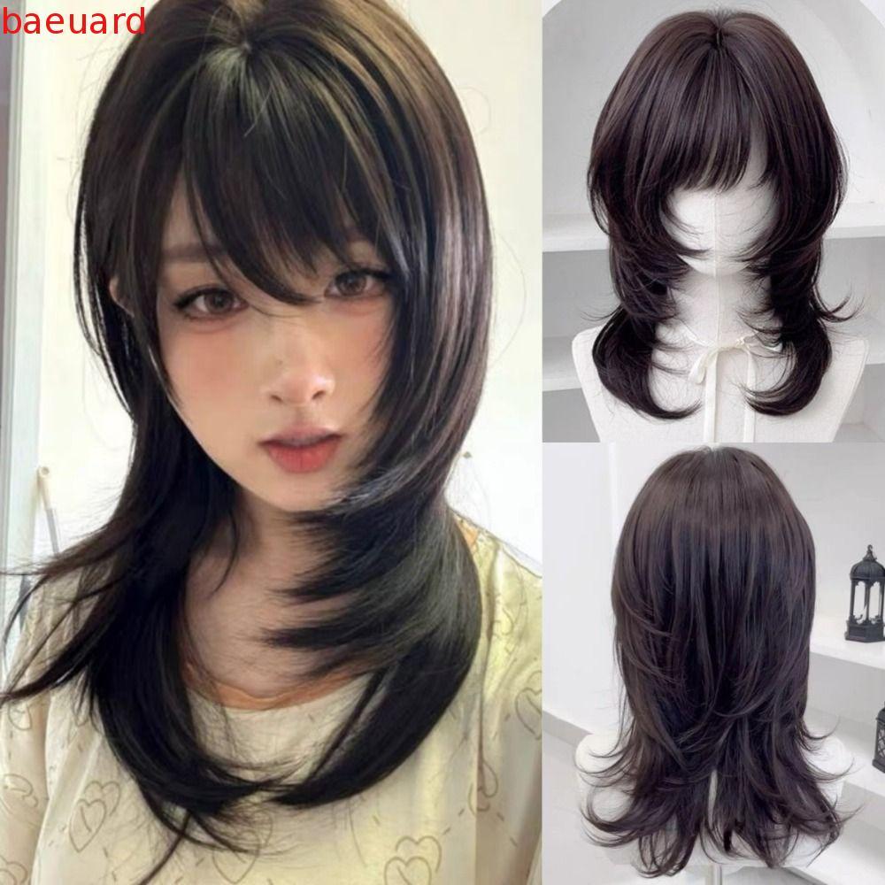 BAEUARD แมงกะพรุนวิกผม Bangs, สังเคราะห์ธรรมชาติขนาดกลางตรง Layered วิกผม, Full Head Hairpiece Wolf 