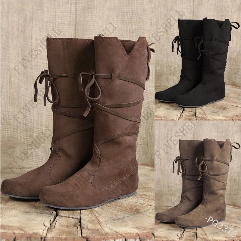 สินค้าใหม่ ยุคกลาง Viking เครื่องแต่งกาย Retro Men Knight รองเท้า Larp รองเท้า PU Nordic Warrior คอส