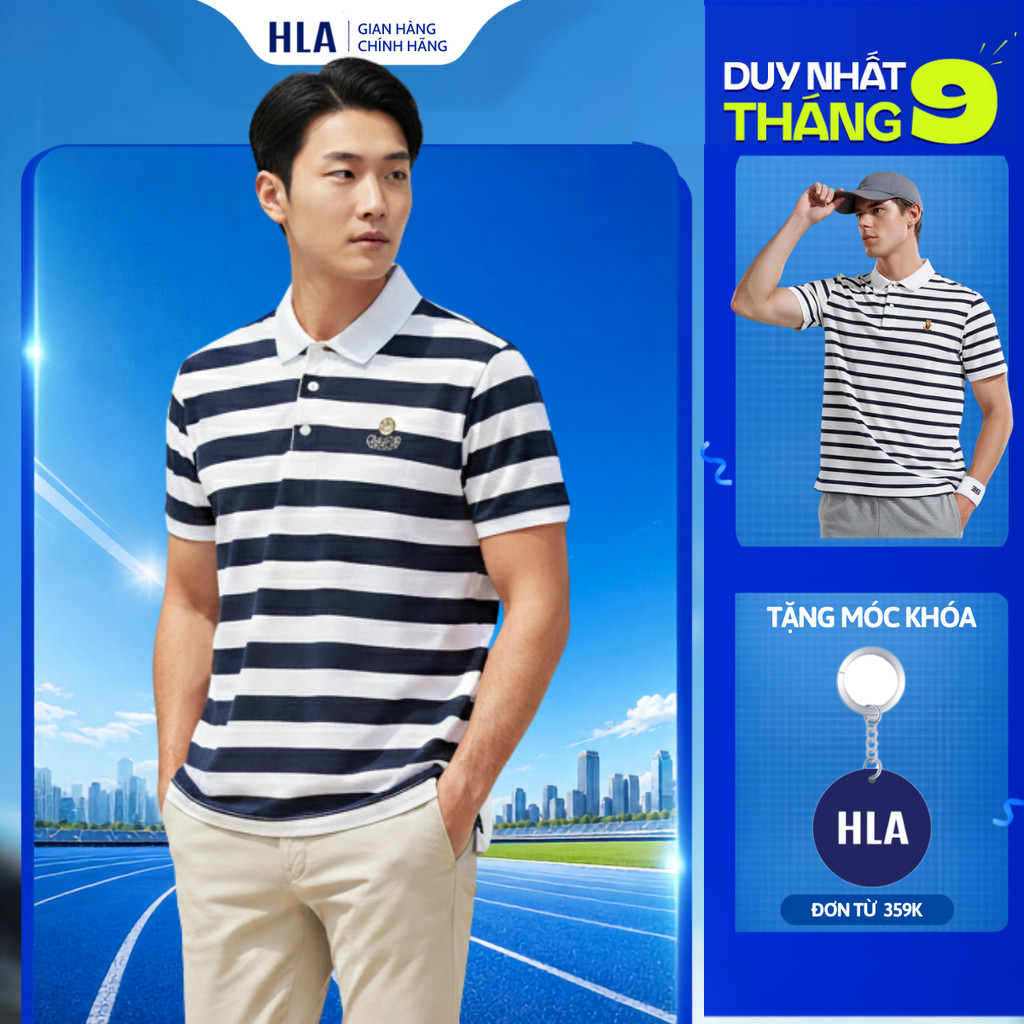[ขายดี] เสื้อโปโลแขนสั้นผู้ชาย HLA x ZOLA ลายทาง ละเอียดอ่อน คอปกเปิดลงแบบไดนามิกและยืด