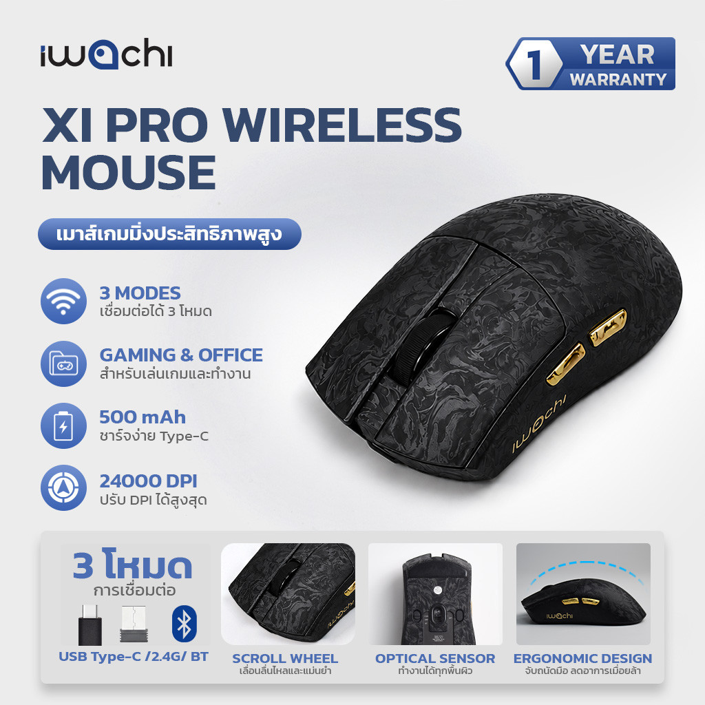 IWACHI เมาส์ไร้สาย Wireless Mouse X1PRO รองรับ 3 โหมดการเชื่อมต่อ (2.4G/Bluetooth/Type-C)