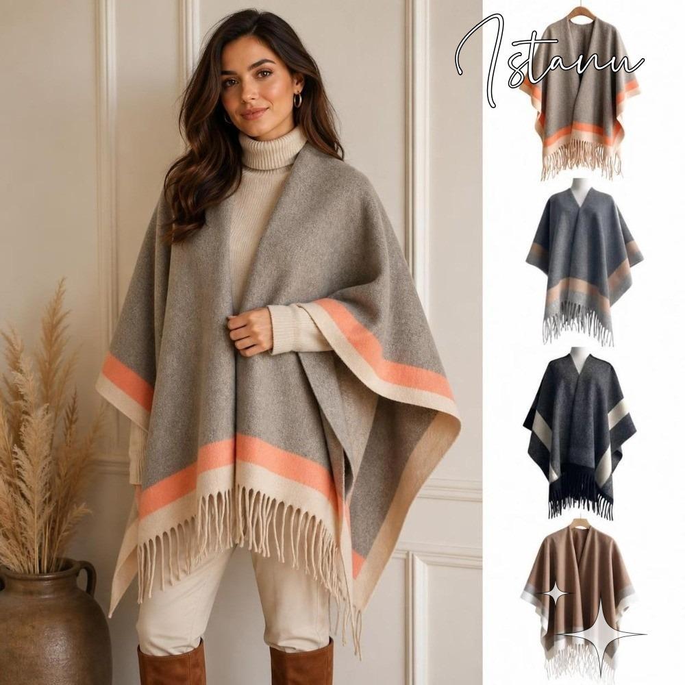 ISTANU เปิดด้านหน้า Cape Shawl, Warm ขนาดใหญ่ลายขอบ Poncho, แฟชั่นนุ่มสบาย Fringed Edge พู่ Poncho W