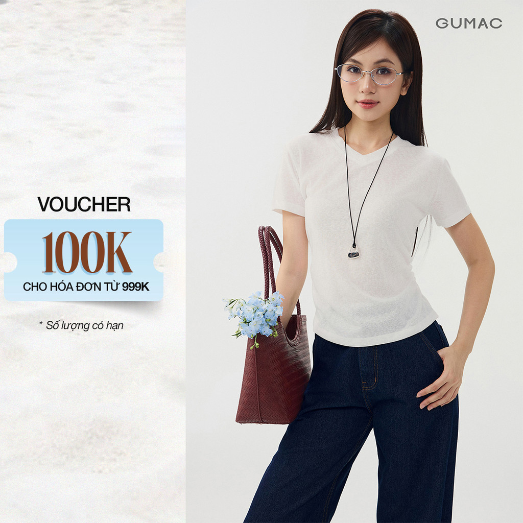 GUMC เสื้อยืดผู้หญิงตรงรูปแบบ V คอสั้นแขนซี่โครง Modern Youthful Design Easy to Coordinate ATG07025