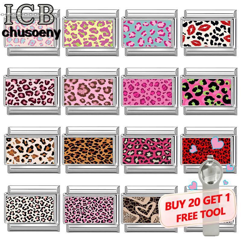 สีสันเสือดาวพิมพ์อิตาเลี่ยน Charm Modular สร้อยข้อมือไทเทเนียมเหล็กปั๊มคู่ DIY สร้อยข้อมืออุปกรณ์เสริม