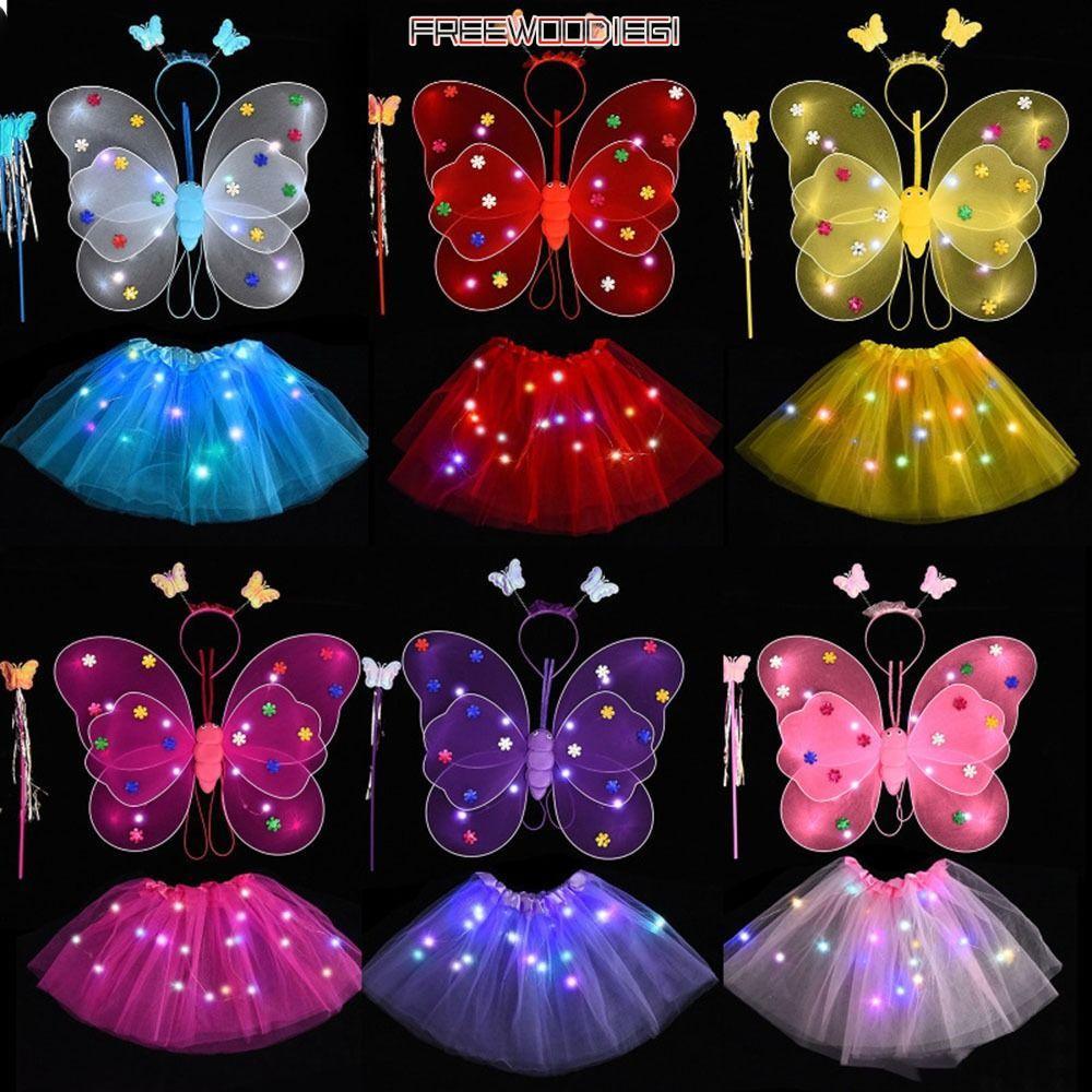 FREEWOODIEGI กระโปรงเด็กผู้หญิง 2-8 ปี Princess Hair Hoop ไฟชุด Dressing Up Angel Luminous Wings
