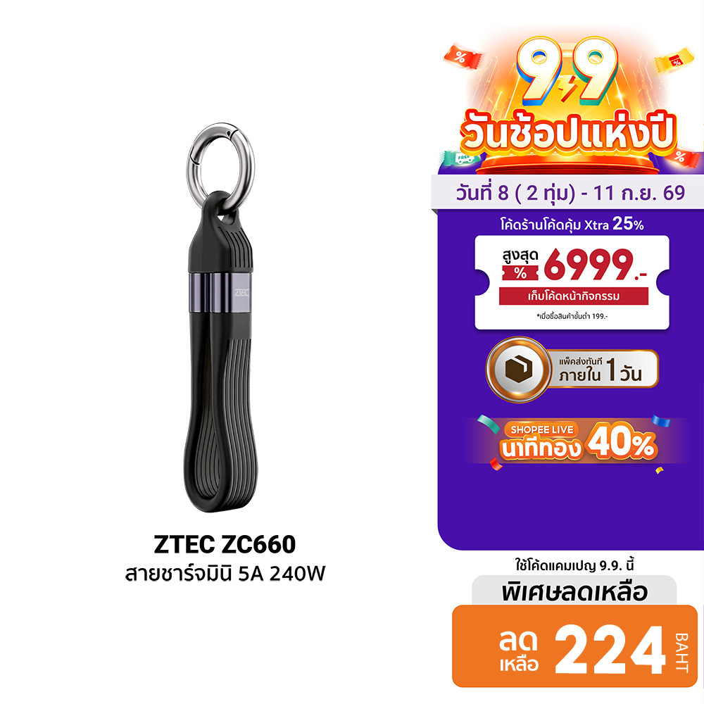 ZTEC ZC660 5A 240W สายชาร์จพวงกุญแจ PD3.1 รองรับ Thunderbolt 4 / USB 4 การเชื่อมต่อภาพ 8K -2Y