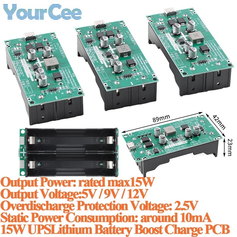 15W 3A UPS 18650 แบตเตอรี่ลิเธียม Boost Step Up บอร์ดชาร์จ 5V 9V 12V UPS อย่างต่อเนื่องโมดูล While ช