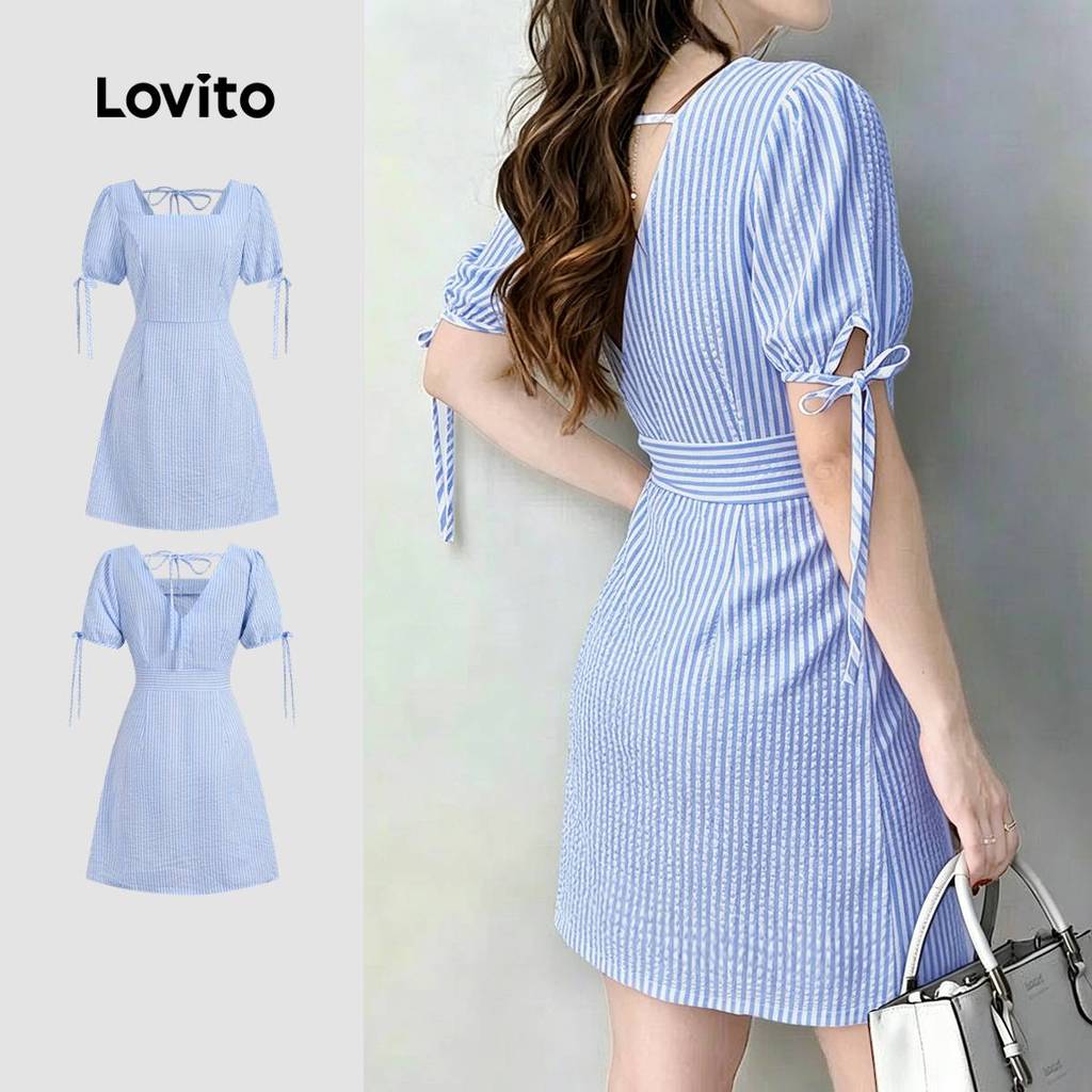 (New Arrival) Lovito ชุดเดรสสีฟ้าทรงสบายลายเรขาคณิตสําหรับฤดูใบไม้ผลิ/ฤดูร้อน พร้อมดีเทลผูกด้านหลังสําหรับผู้หญิง L198ED329