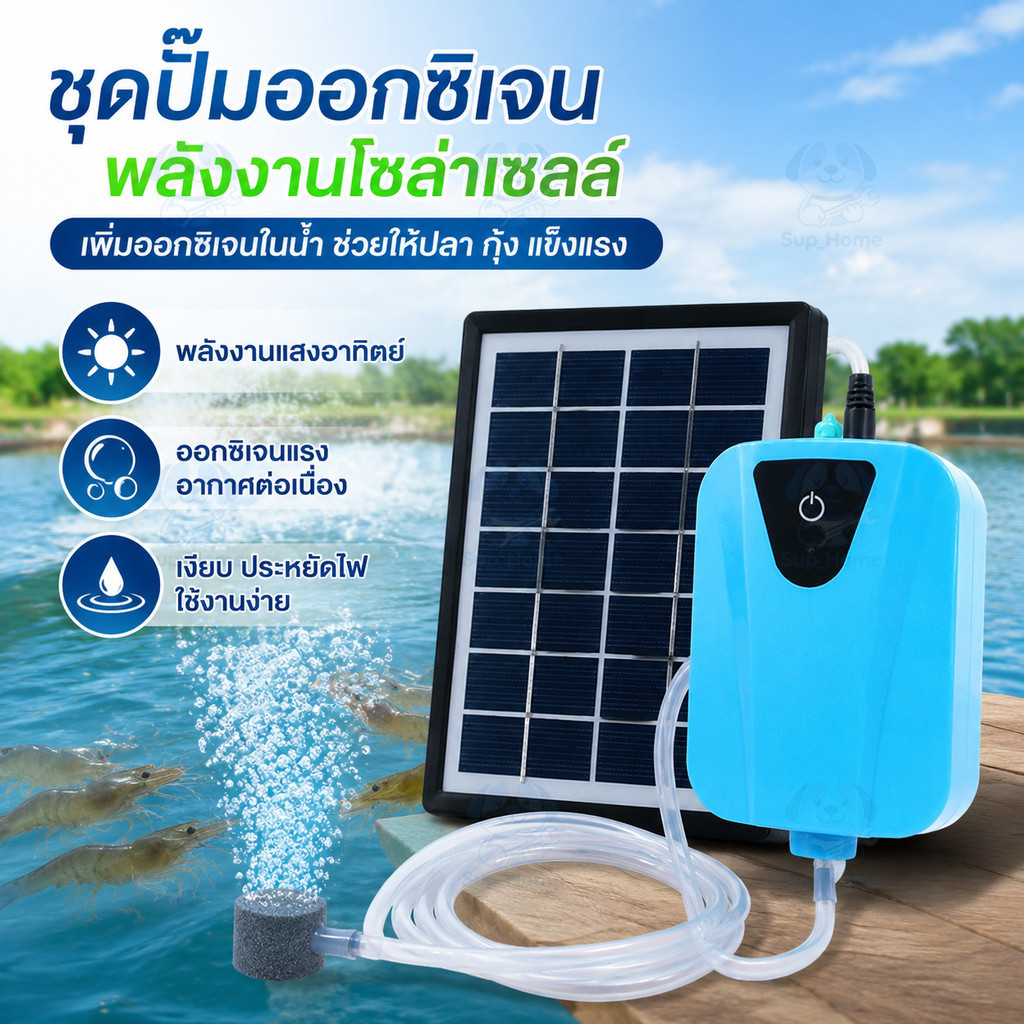 ปั๊มออกซิเจนโซลาร์เซลล์ ปั๊มลมตู้ปลา ชาร์จ USB มีแบตในตัว สำหรับบ่อปลา บ่อกุ้ง ตกปลา พกพา ไฟดับฉุกเฉิน