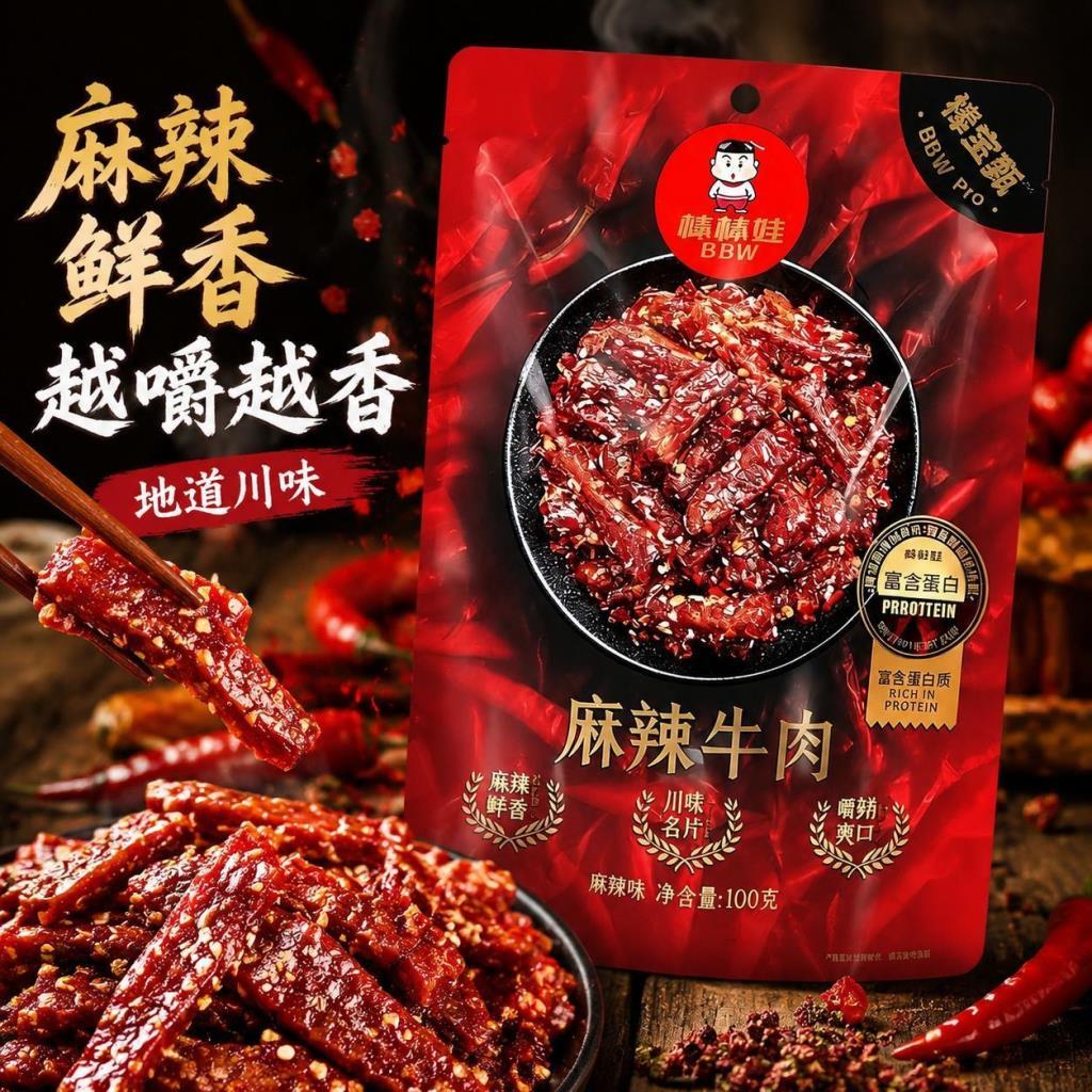 2 ถุง Stick Baby Spice Beef Jerky 100g เผ็ดเฉิงตูพิเศษ Beef Jerky ดื่มของขบเคี้ยว