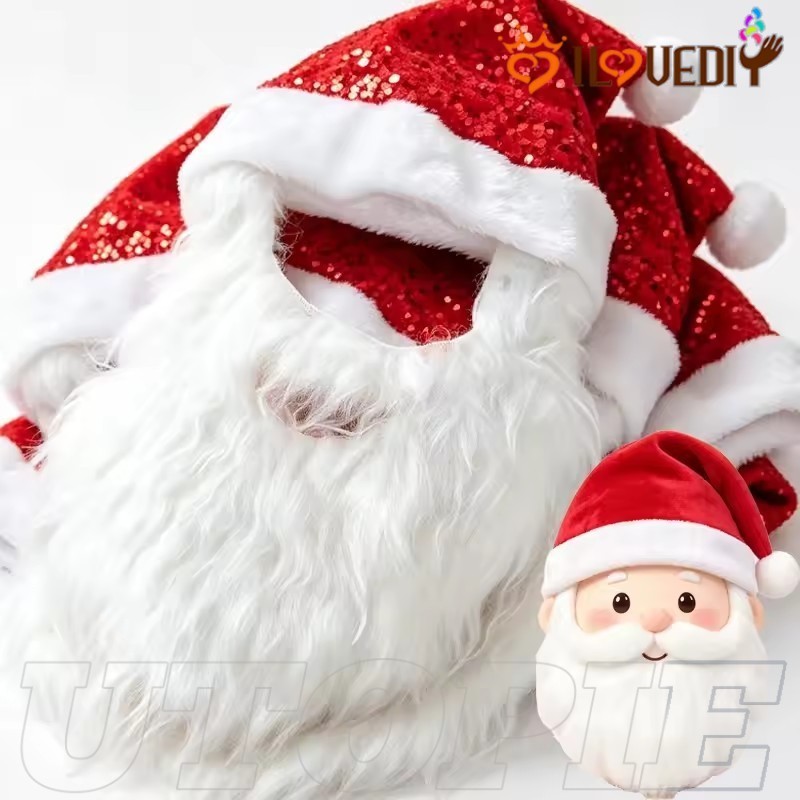 [HGB] 1/2/3 ชิ้นหมวกคริสต์มาสพร้อมเครา - 40*29 ซม. - คอสเพลย์วันหยุดเครื่องแต่งกายปาร์ตี้ Props - แฟ