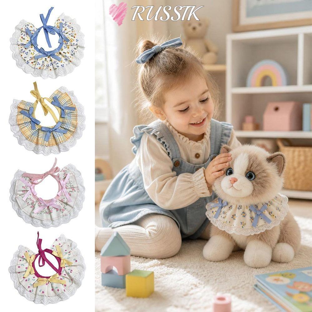 RUSSIK ผ้ากันเปื้อนตุ๊กตาตกแต่ง,สไตล์ตกแต่ง Checkered Pattern Pet Bib, Floral Pattern Dress-Up Acces