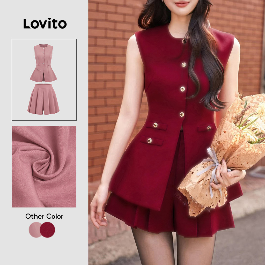 Lovito เสื้อหรือกางเกงลำลอง กางเกงพลีทสำหรับงานปาร์ตี้ สีแดงเบอร์กันดี สำหรับฤดูใบไม้ผลิ/ฤดูร้อน สำหรับผู้หญิง L165ED584