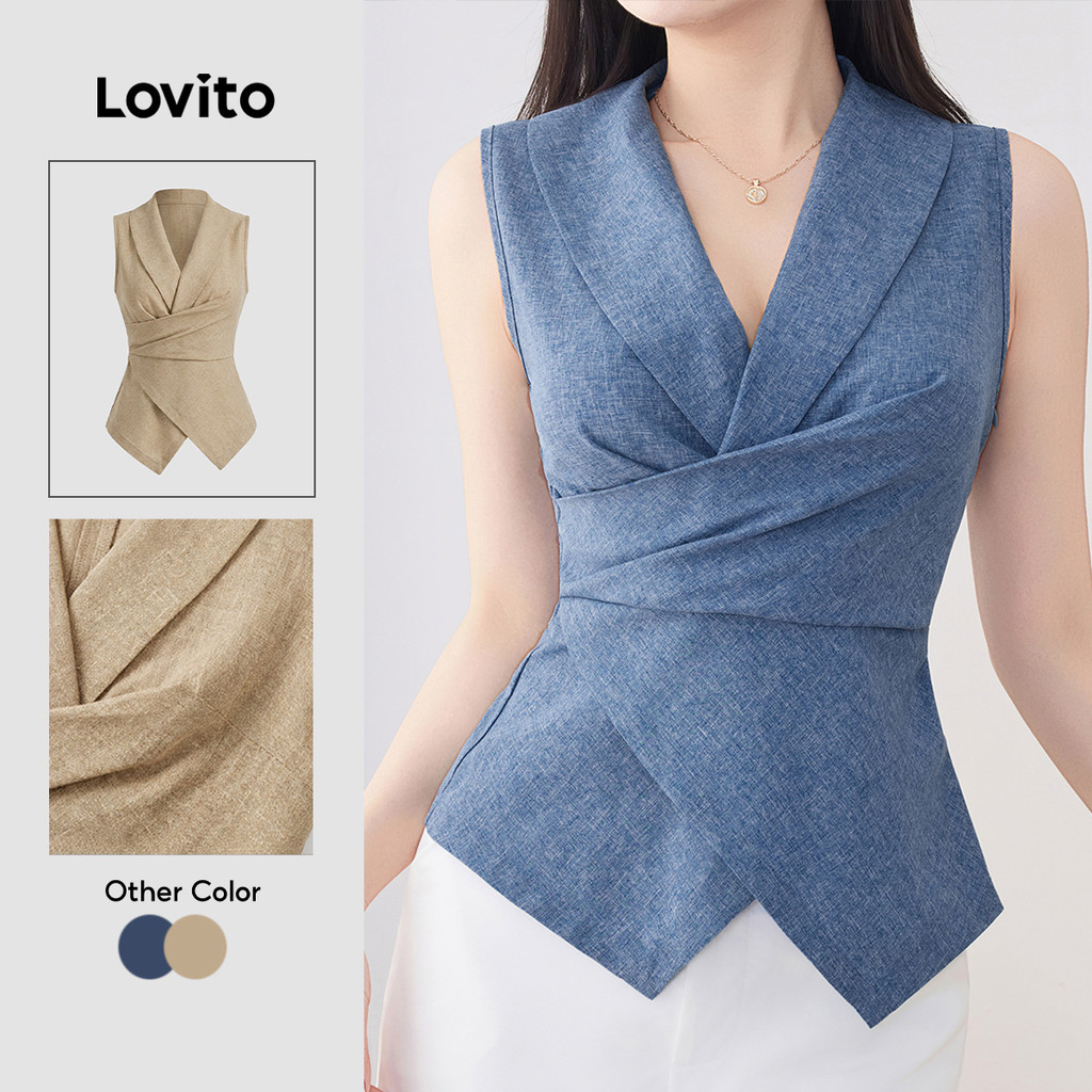 Lovito สง่างาม เสื้อกล้ามจับจีบไม่สมมาตรฤดูใบไม้ผลิ/ฤดูร้อนเสื้อกล้ามสีน้ําเงินสําหรับผู้หญิง L135ED203