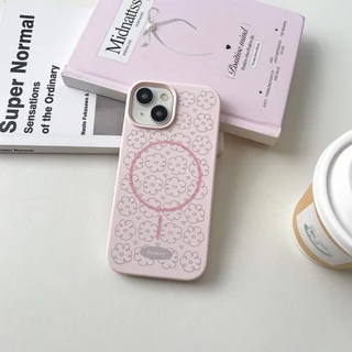 ปลอกTPU Coverใช้งานร่วมกับiPhone 13 14 14Pro 14ProMax 15 15Pro 15ProMax 16 16Pro 16ProMax 17Pro 17ProMaxดอกไม้สีชมพูรูปแบบแม่เหล็กกรณี