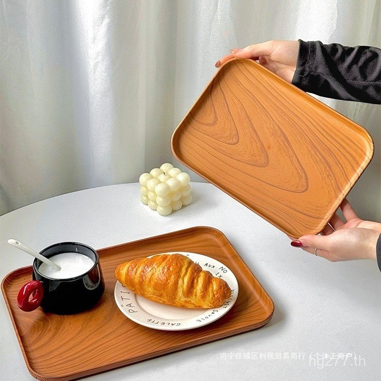 T ถาดเลียนแบบลายไม้จานอาหารค่ําจานถาดขนมถาดเก็บเค้กผลไม้ Cafe ถ้วยน้ําสี่เหลี่ยม VT ถาดชา Q8IM