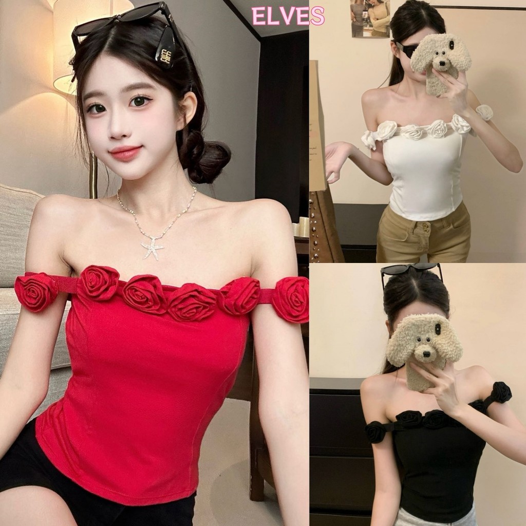 Elves พร้อมส่ง💟 เสื้อยืดเปิดไหล่สุดเซ็กซ  ผ้าเนื้อนุ่มใส่สบาย กระชับสัดส่วน ฤดูร้อนปี สไตล์เกาหลีเรียบง่าย "FY66030"
