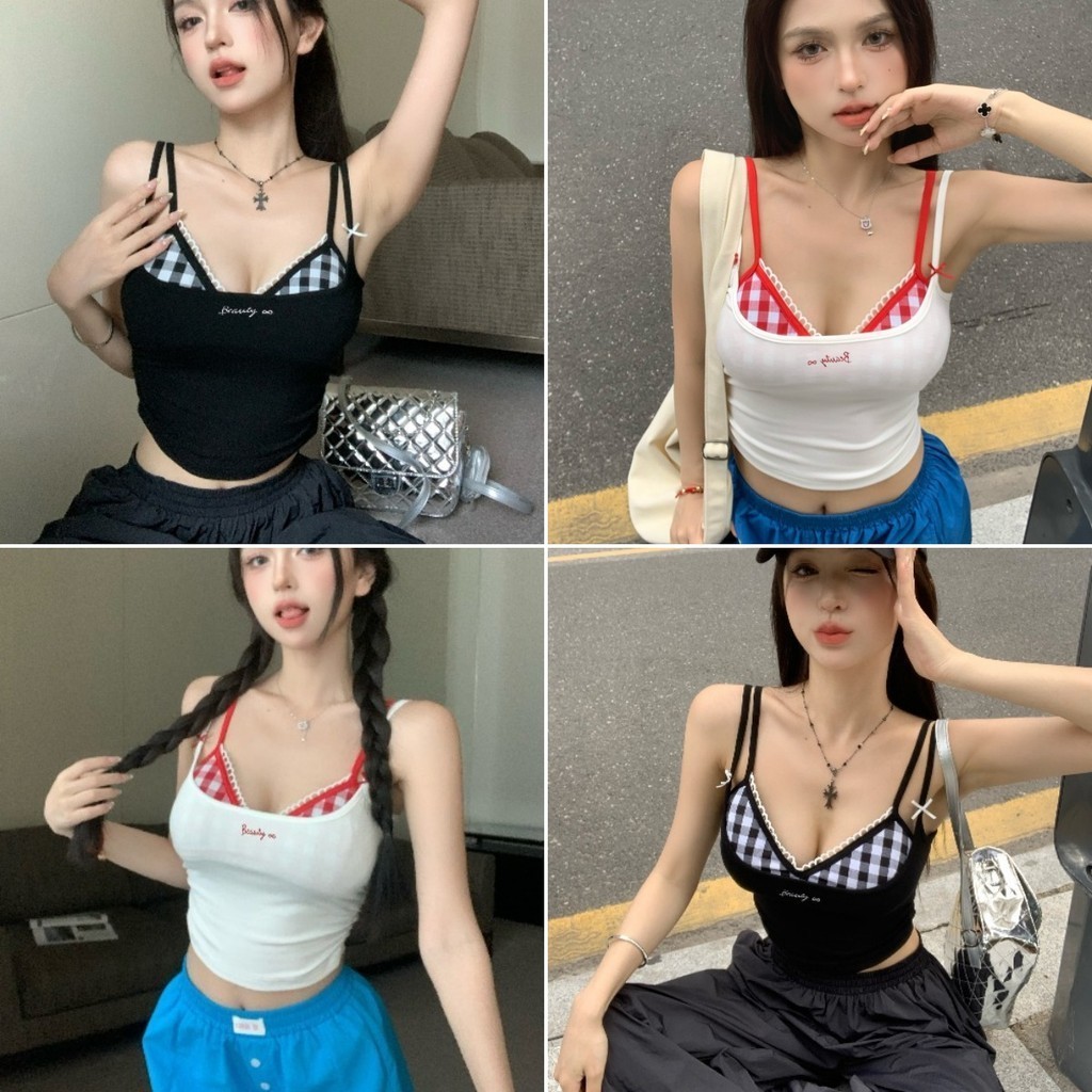 Hotgirl พร้อมส่ง เสื้อกล้ามลายสก็อต เสื้อสายเดี่ยวผู้หญิง  น่ารัก สไตล์ฤดูร้อนสาวฮอต ผ้านิ่มใส่สบาย
