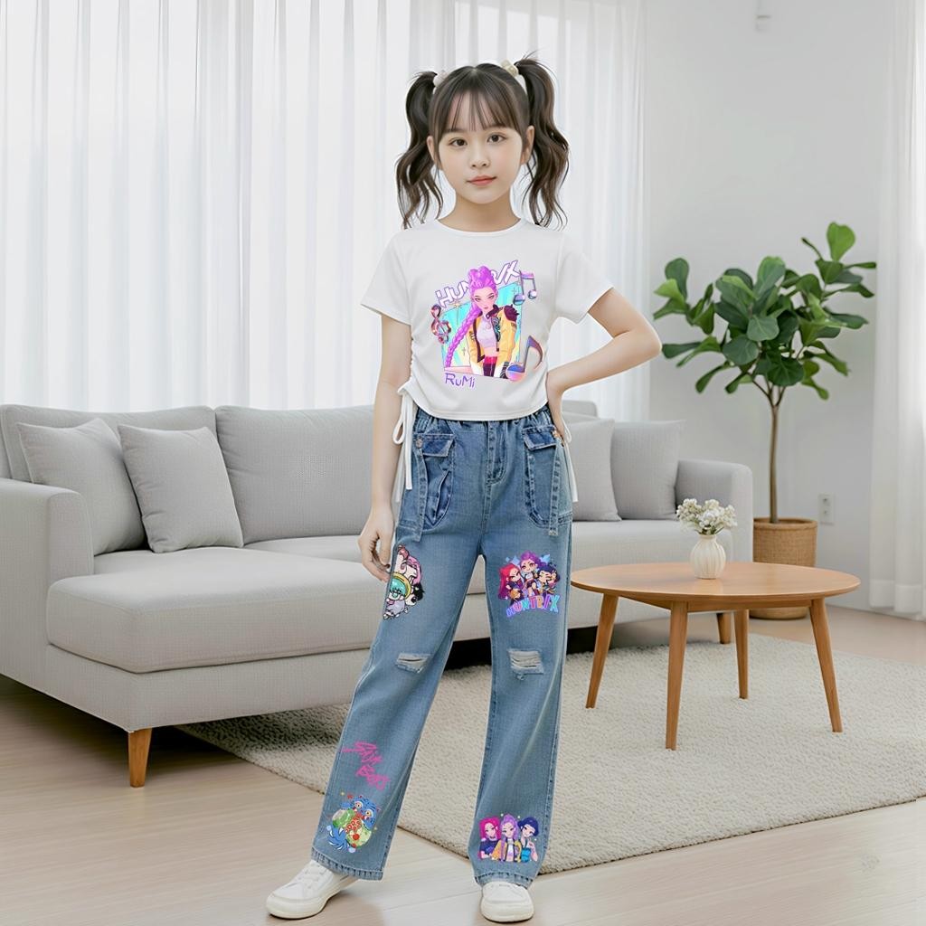 PINKชุดเซ็ทเด็กลายสุดฮิตSoda pop กางเกงยีนส์แท้ทรงคาร์โก้+เสื้อผูกโบว์ข้าง