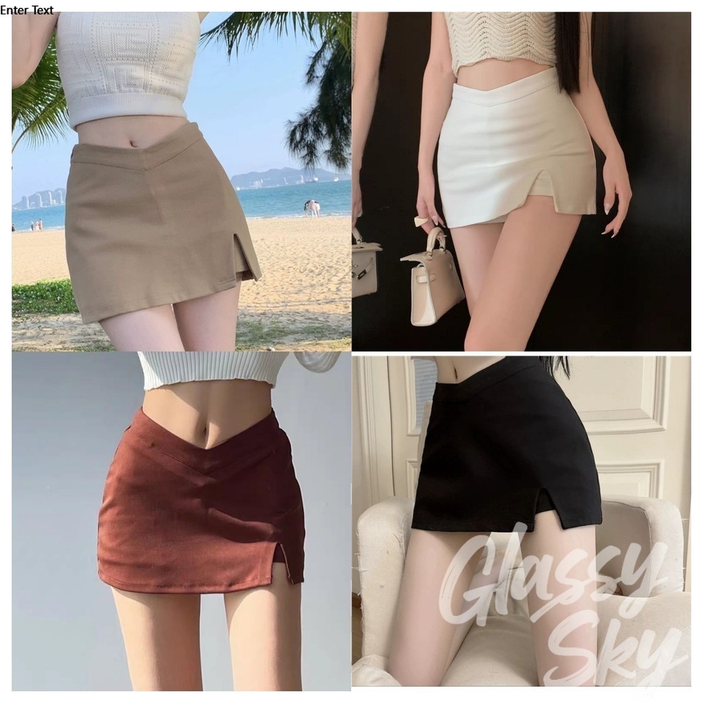 Glassy Sky💖พร้อมส่💖(7315) กระโปรงขาสั้น เอาวี แหวกซ้าย ซิปรูดด้านขวา