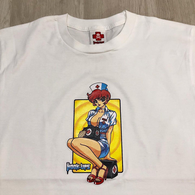 Hook-Ups ยุโรปอเมริกันภาพเคลื่อนไหว Merchanse High Street Retro vibe Street สวมใส่เสื้อยืดแขนสั้นผู้