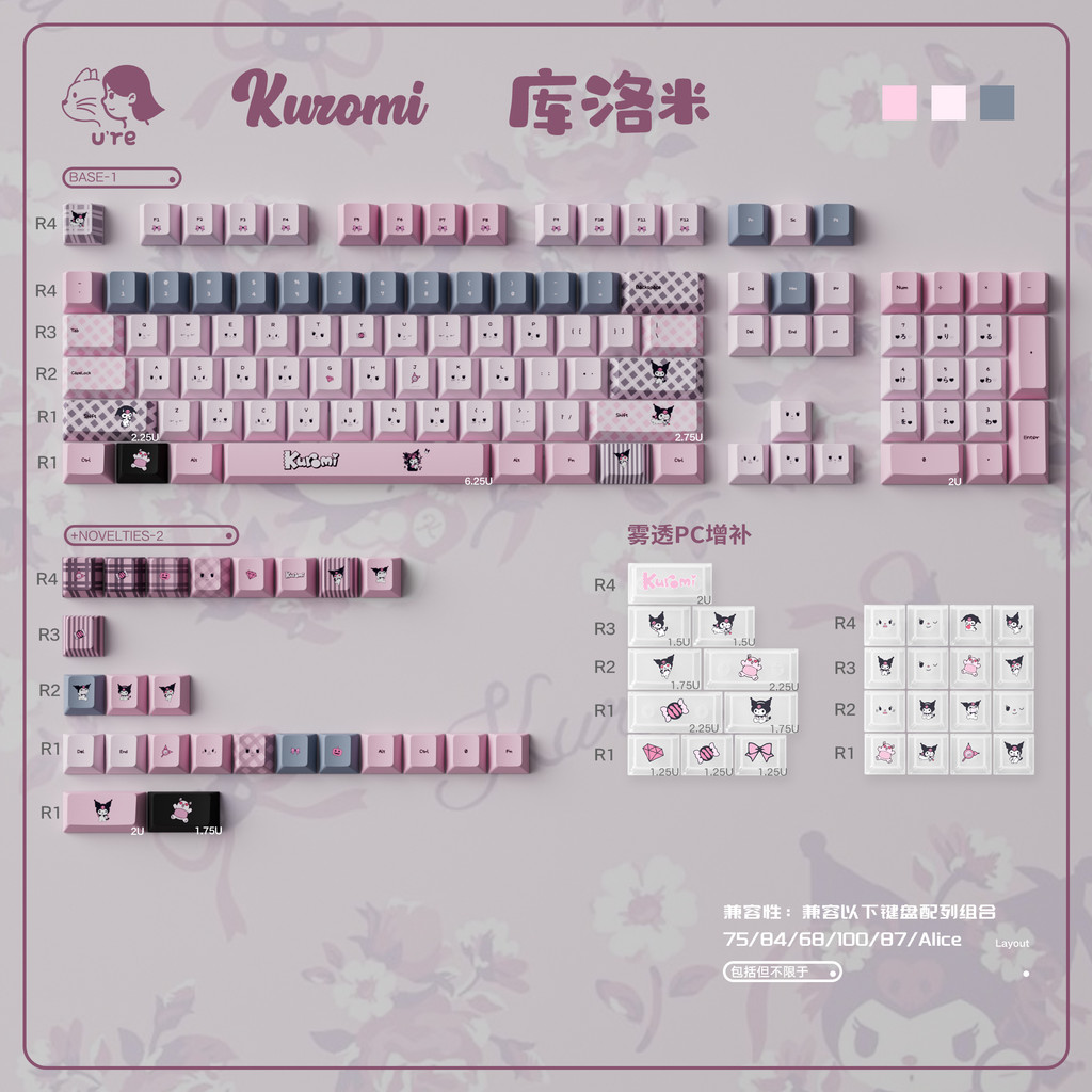 keycap keycap ไฟลอด URE Kuromi Theme คีย์บอร์ดแบบกลไก Keycap น่ารักที่กําหนดเองระเหิด PBT + PC โรงงา