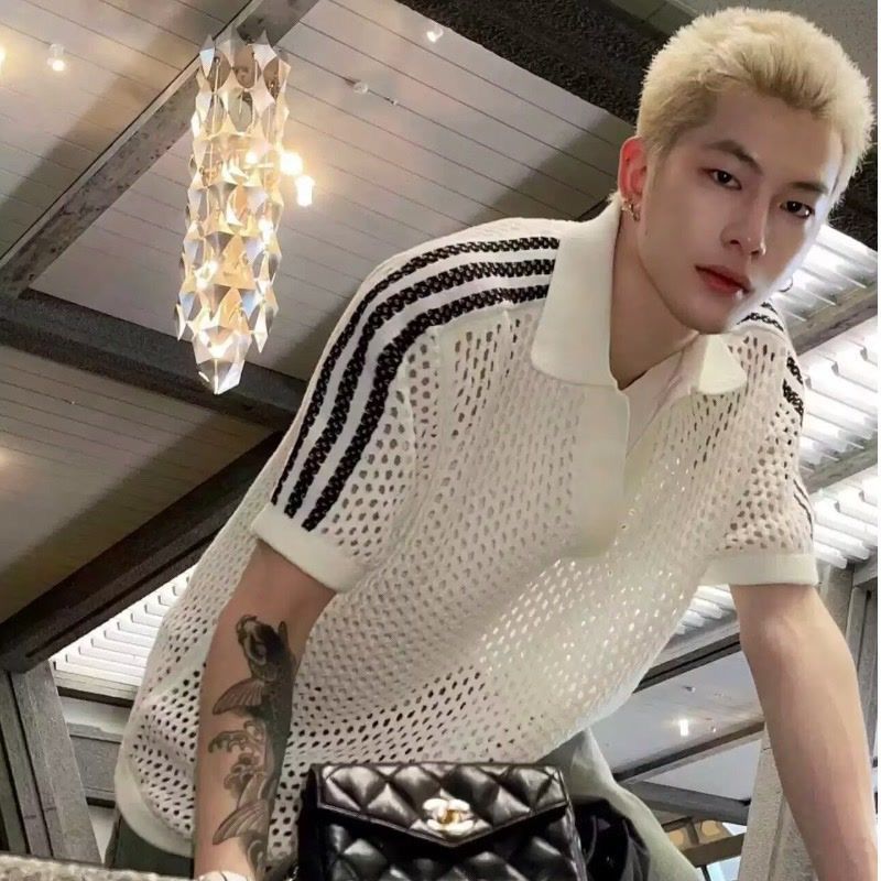 GO7 เริ่มต้น发กลวงกลวงสั้นสั้นสั้นเสื้อยืดผู้หญิงโปโลเข็มถักกับเสื้อยืดGO7พัฒนาอิสระของกลวงตาข่ายแขนส