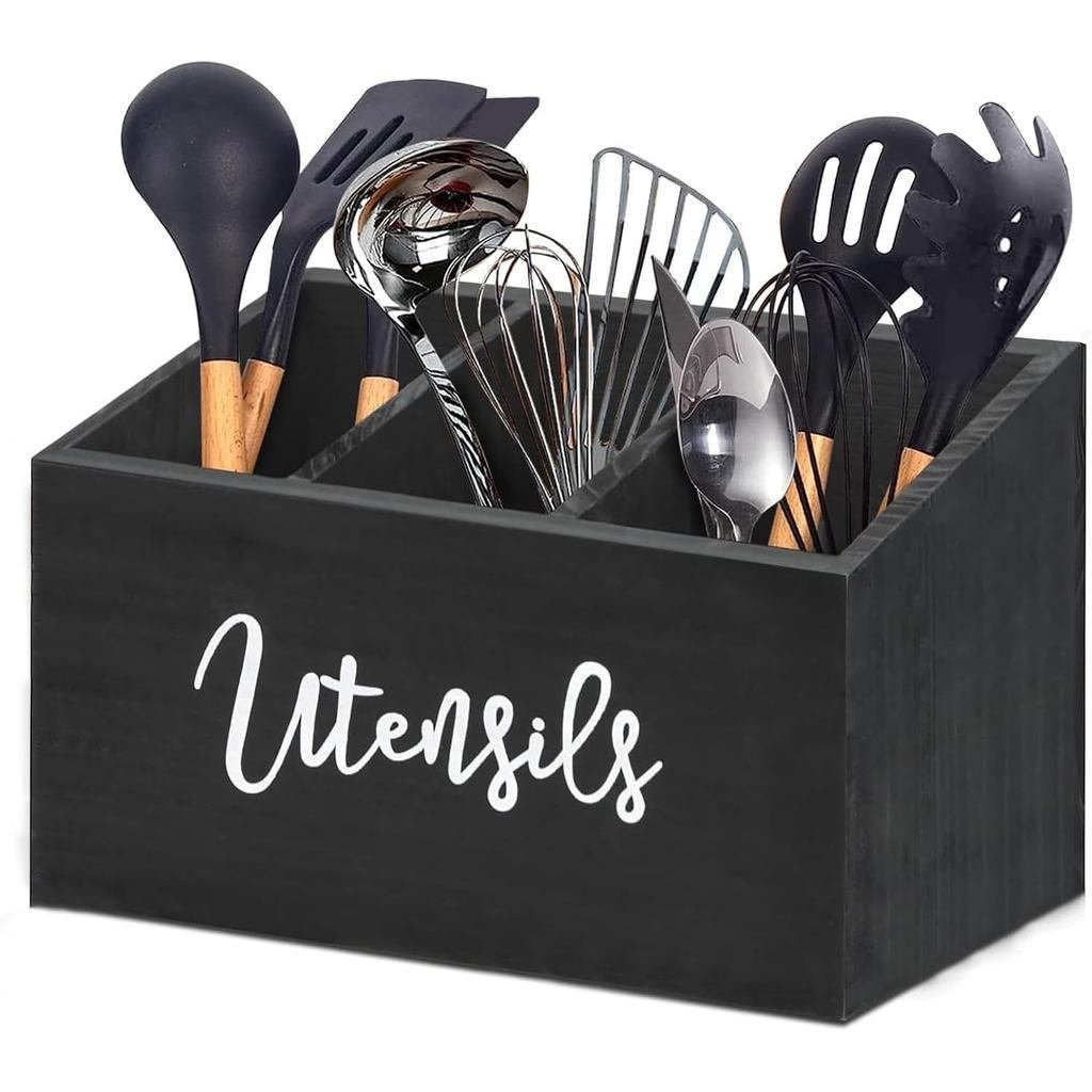 Wooden Utensil Holder, Kitchen Counter Decor Utensil Caddy with 3 Compartments, Kitchen Tools Holder